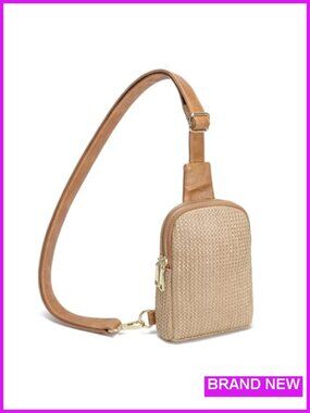 Faux Straw Crossbody Bag, Lightweight Summer Beach Sling Purse with Zipper
